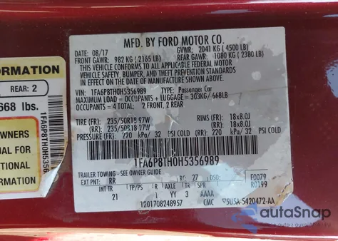 2017 Ford Mustang Ecoboost from USA, damaged, VIN 1FA6P8TH0H5356989